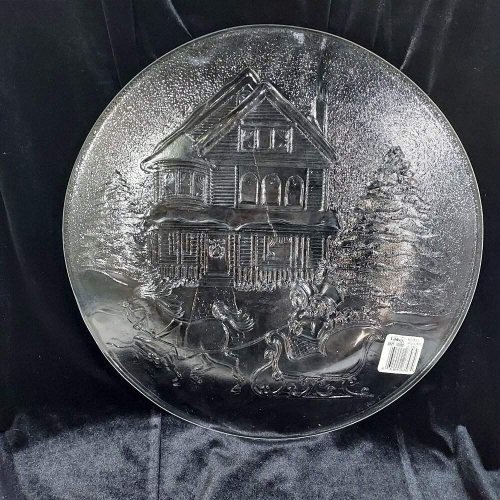 Libby Winter Christmas Holiday Sleigh Ride Clear Glass Serving Platter Plate - Picture 7 of 10